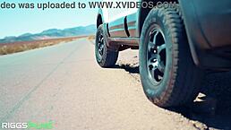 Fit kitty with big tits receives creampie in desert after deepthroat