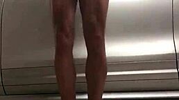 Spying on gay cock workout in garage gym