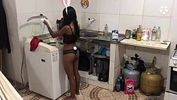 a young japanese girl in lingerie got me aroused while washing clothes, so i took her on the machine.