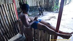 Ebony babe wins sloppy deepthroat contest in public sex game