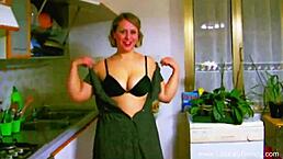 Retro Italian housewife performs kitchen blowjob pov