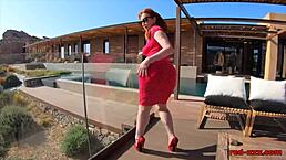 Big Tit Redhead Mature Red XXX Fingers Her Shaved Pussy and Uses Toys Poolside in Heels