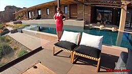 Big Tit Redhead Mature Red XXX Fingers Her Shaved Pussy and Uses Toys Poolside in Heels