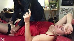 Amateur white milf in red satin dress fucked doggy style. POV ass licking and spanking in black panties.