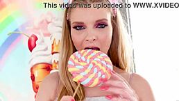 Harlow West gives a no-hands POV blowjob to a big dick, swallowing the cum load.