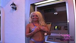 Can this smoking hot blonde really flash her big tits and pee in public?