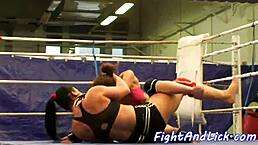 Busty babes wrestle naked in the ring 🔥💪