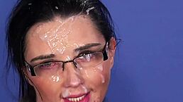 nasty doll takes a huge cumshot on her face and eats all the jism