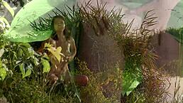 hairy pussy coed Anas strips to swim naked in lake.