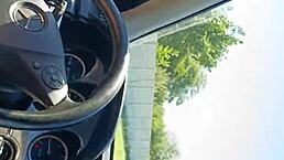 real public red nails hand job in the car with cum