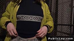 Hot babe flashing her tits in public for quick cash