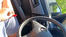 real public red nails hand job in the car with cum