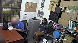 perky ebony teen gags on the security officer's big cock during striptease