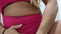 BBW blonde bodybuilder shows her big clit pussy in pink jumpsuit at party