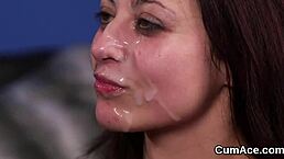 spicy bombshell gulping cumshot on her face in pov