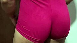 BBW blonde bodybuilder shows her big clit pussy in pink jumpsuit at party