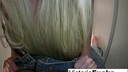 victoria, the blonde babe, gets nude and gives an amazing pov blowjob, her tits bouncing while fucking