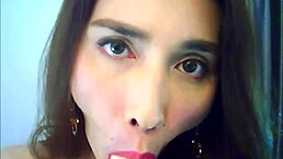 Watch this shemale babe stroke her big shaft on webcam