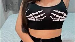 Brunette slut shows off and inserts dick into her pussy