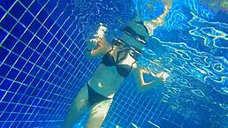 three panties in my pussy and fucking black dildo in public pool