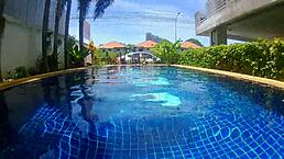 three panties in my pussy and fucking black dildo in public pool