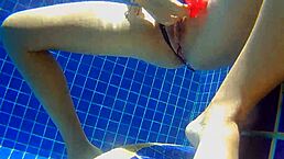 three panties in my pussy and fucking black dildo in public pool