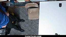 Caught shoplifting, the teen 18+ with small tits bends over for two monster cocks in the store.