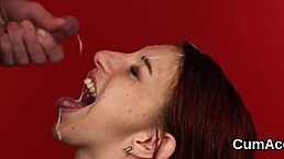 Slutty babe gets jizz load on her face sucking all the cream 😏