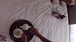 baby nicols gets waiter to join her webcam strip show