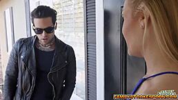 Small hands shove his giant cock inside Jade Amber's tight pussy