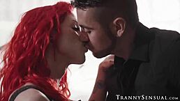 Redhead tranny Jenna gargles while sucking and fucking hairy hunk