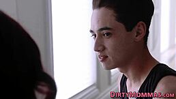 Cougar stepmom in threesome with teen brunette sucking monster cock