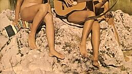 Vintage babes playing musical instruments in retro settings