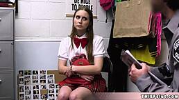 Petite teen shoplifter caught and roughly fucked in the back room on CCTV.