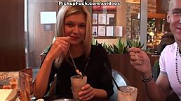 blonde in stockings gets pounded in public toilet after pickup.