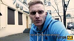 Much older art teacher resists horny new student's blowjob advances.