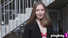 Stella's small tits tease in red lingerie striptease!