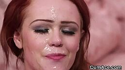 Hot honey swallowing cum after bukkake facial?