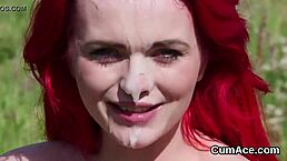 Flirty beauty swallows cumshot on her face in extreme bukkake