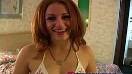 Petite redhead teen babe undresses and gives head in POV.