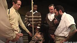 Bound brunette slave endures double penetration in bdsm bondage