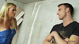 A fiery redhead in a hosiery getup rides a rigid shaft