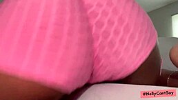 Fat ebony grinds hairy pussy on bed edge with dirty talk