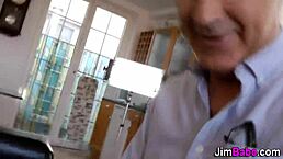 Ebony teen in stockings gives blowjob to old man 😏