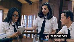 Nerdy coed Casey Calvert provocatively invites stepbrother to fuck her best friend Vienna Black in taboo group sex