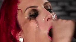 Flirty beauty endures intense bukkake facial, swallowing cum after blowbang