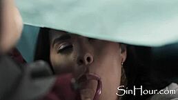 A blonde secretary gives a deepthroat blowjob to a lucky man while his wife is away.