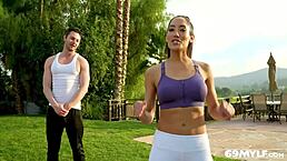 Gorgeous fitness MYLF Chloe Amour masters squat challenge with deepthroat.