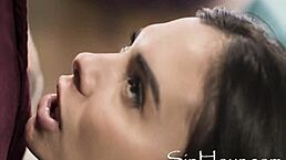 A blonde secretary gives a deepthroat blowjob to a lucky man while his wife is away.