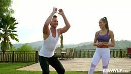 Gorgeous fitness MYLF Chloe Amour masters squat challenge with deepthroat.